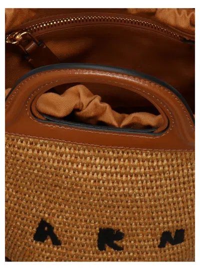 Marni Light Brown Woven Fabric And Leather Bag With Circular Handles In 浅褐色的