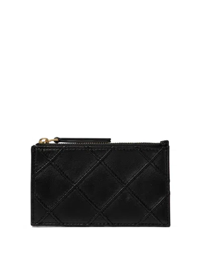 Tory Burch Fleming Quilted Leather Zip Card Case In Black