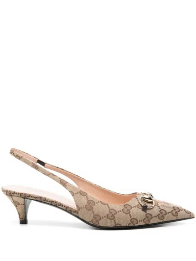 Shop Gucci Gg Motif Slingback Pumps In Beige