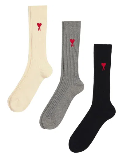 Shop Ami Alexandre Mattiussi Ami Paris Logo-embroidered Socks (set Of Three) In Off White/grey/black