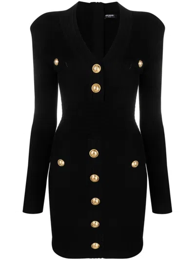 Balmain Mini Black Dress With Golden Buttons In Stretch Viscose Woman In Black