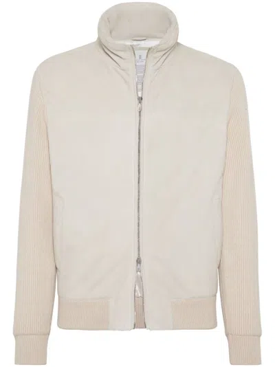 Brunello Cucinelli Light Beige Leather Bomber Jacket In White