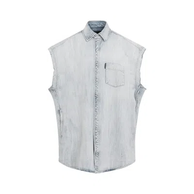 Balenciaga Light Blue Ripped Sleeve Cotton Shirt In Blue
