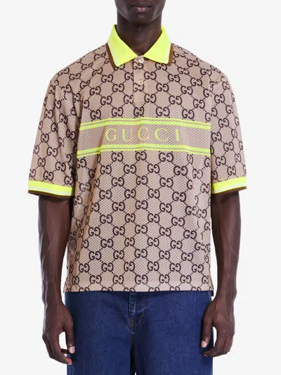 Gucci Logo Tech & Mesh Polo Shirt In Beige