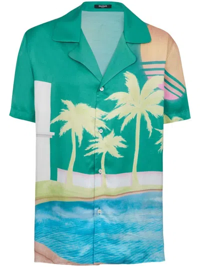 Balmain Short-sleeved Twill Pyjama Shirt With Palm Tree Print In Multicolor