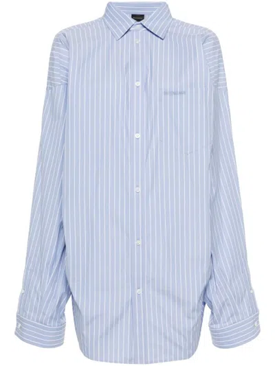 Balenciaga Cut Up Stripe Asymmetric Oversize Cotton Button-up Shirt In Blue