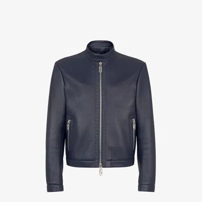 Fendi Logo Zipper Leather Jacket In Blueberry