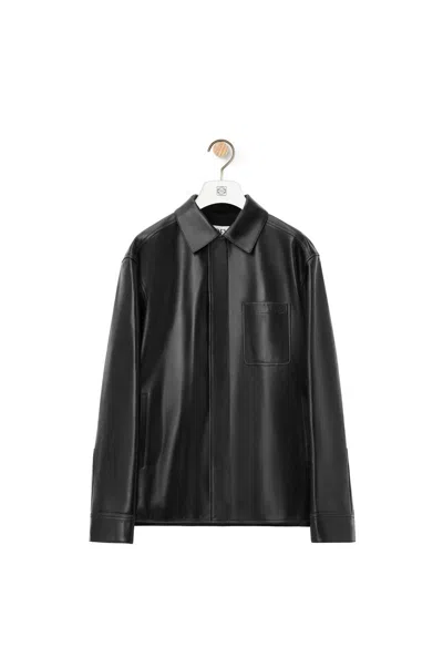 Loewe Anagram Leather Zip-up Overshirt In Black