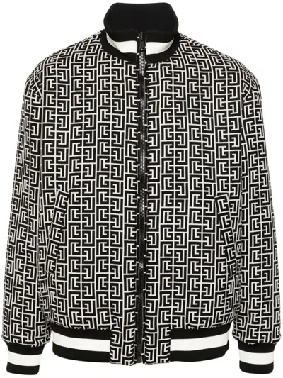 Balmain Black Monogram Reversible Bomber Jacket In Bleufmarin