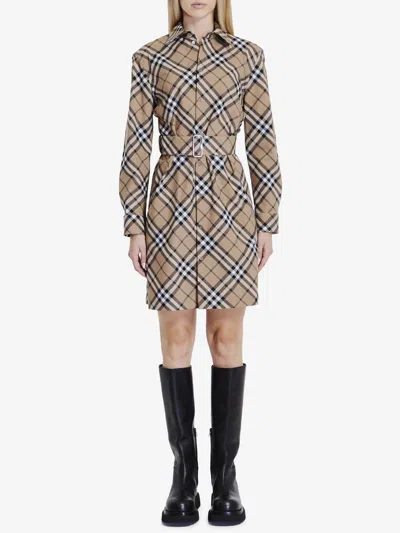 Burberry Waist Belted Shirt Dress With Checked Pattern In Brown