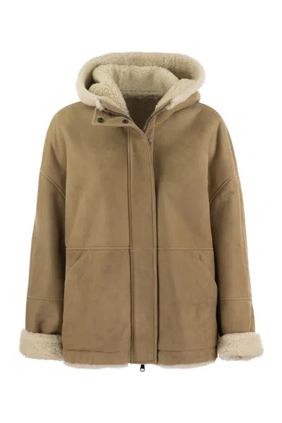 Brunello Cucinelli Reversible Shearling Outerwear With Jewellery In Beige