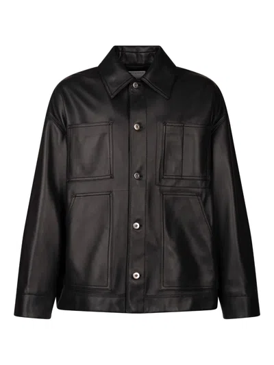Bottega Veneta Collared Leather Jacket Front Pockets In Black