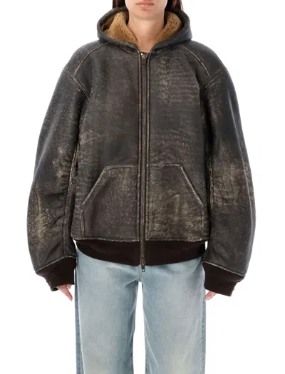 Balenciaga Montone Con Cappuccio E Zip In Shearling Marrone Donna In Brown