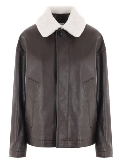 Bottega Veneta Brown Detachable Collar Leather Jacket In Brown