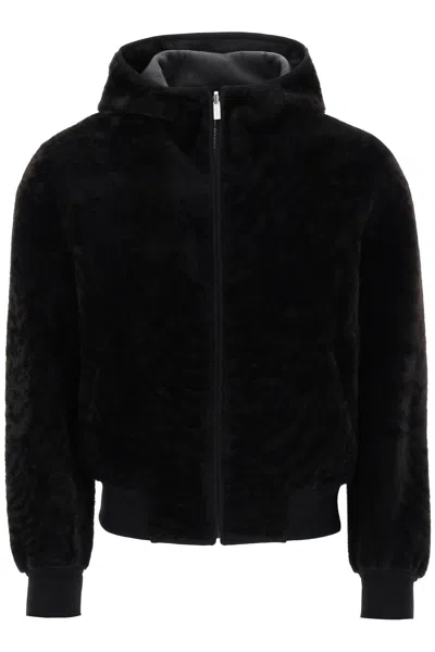 Ferragamo Shearling Reversible Hooded Blouson Jacket In Brown