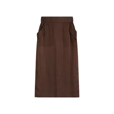 Saint Laurent Sheer Silk Midi Skirt With Elastic Waistband In Brown