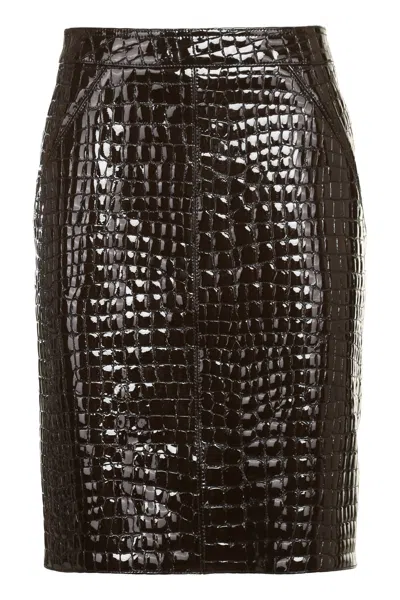 Tom Ford Glossy Croco Embossed Goat Leather Skirt In Brown