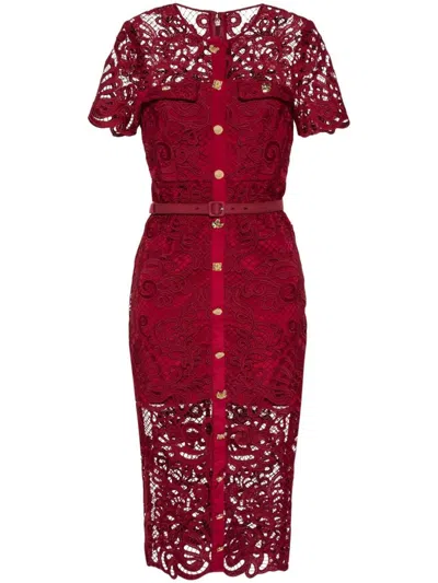 Shop Self-portrait Lace Midi Dress In Red