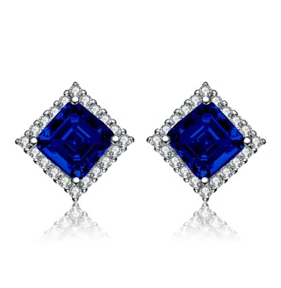 Rachel Glauber Square Stud Earrings With Colored Cubic Zirconia In Blue