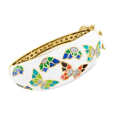 Ross-simons White Topaz And Multicolored Enamel Butterfly Bangle Bracelet In 18kt Gold Over Sterling In Blue