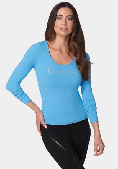 Bebe Long Sleeve Scoop Neck  Logo Rib Top In Azure Blue