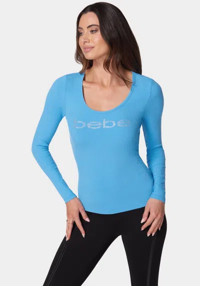 Bebe Long Sleeve Scoop Neck  Logo Rib Top In Azure Blue