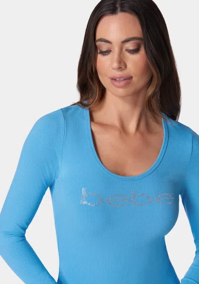 Bebe Long Sleeve Scoop Neck  Logo Rib Top In Azure Blue