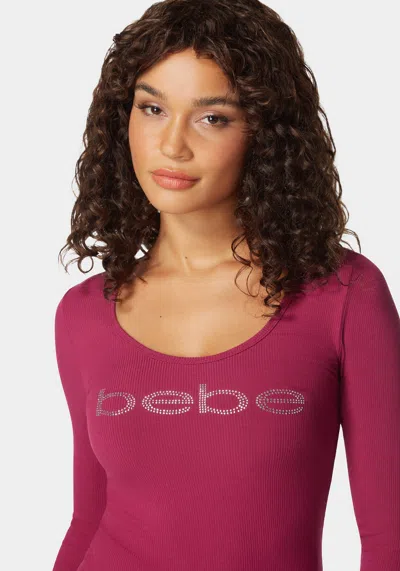 Bebe Long Sleeve Scoop Neck  Logo Rib Top In Raspberry Radiance