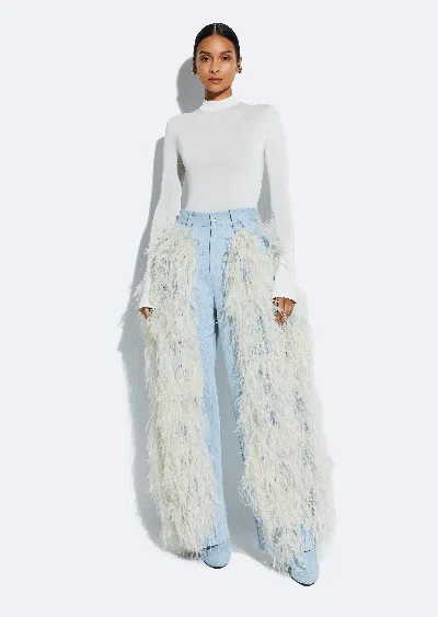 Lapointe Washed Denim Straight Leg Pant With Feathers In Light Indigo
