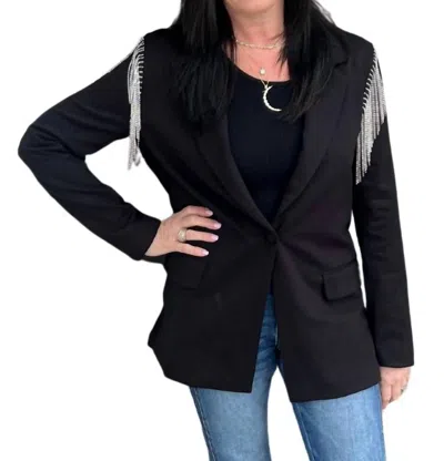 Blue B Stretch Boyfriend Rhinestone Blazer In Black In Black