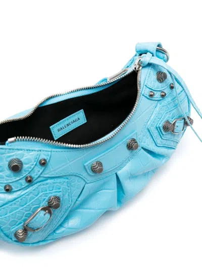 Balenciaga Le Cagole Xs Crocodile Embossed Leather Shoulder Bag In Blue