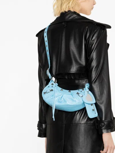 Balenciaga Le Cagole Xs Crocodile Embossed Leather Shoulder Bag In Blue