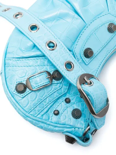Balenciaga Le Cagole Xs Crocodile Embossed Leather Shoulder Bag In Blue
