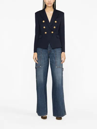 Balmain Black Double-breasted Jacket With Branded Buttons And Asymmetric Cut In Wool Woman