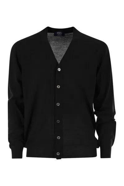 Fedeli Lightweight Virgin Wool Cardigan In Black