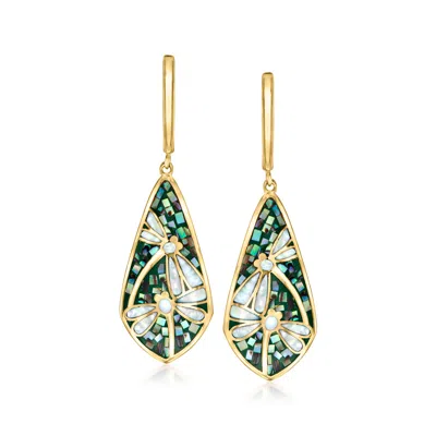Ross-simons Mother-of-pearl And Abalone Shell Dragonfly Drop Earrings In 18kt Gold Over Sterling In Green