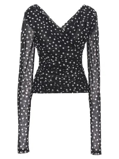 Dolce & Gabbana Ruched Wrap-effect Printed Polka-dot Tulle Blouse