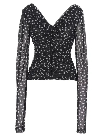 Dolce & Gabbana Ruched Wrap-effect Printed Polka-dot Tulle Blouse