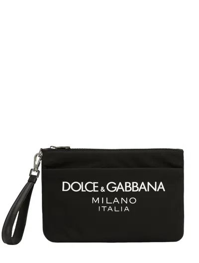 Dolce & Gabbana Black Pouch With Contrasting Rubberized Logo In Nylon