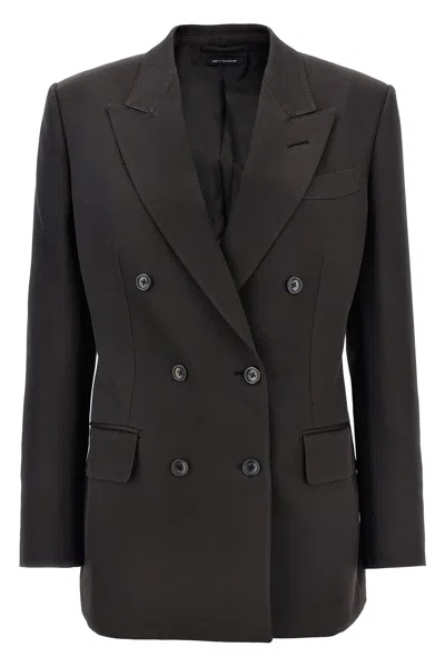 Tom Ford Silk And Wool Twill Double Breasted Jacket In Brown