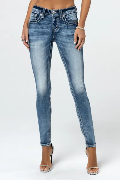 Miss Me Torn Saddle Stitch Skinny Jeans In Med/dark Wash