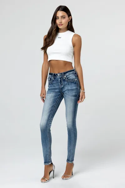 Miss Me Torn Saddle Stitch Skinny Jeans In Med/dark Wash