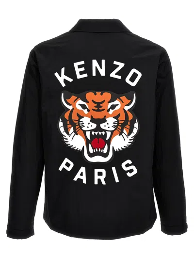 Kenzo Black Overshirt With Tiger Embroidery In Tech Fabric Man In Black