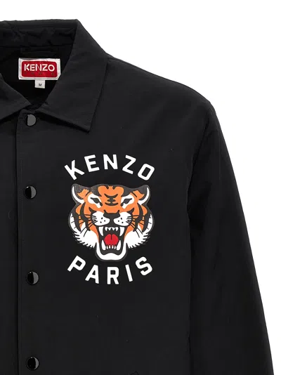 Kenzo Black Overshirt With Tiger Embroidery In Tech Fabric Man In Black