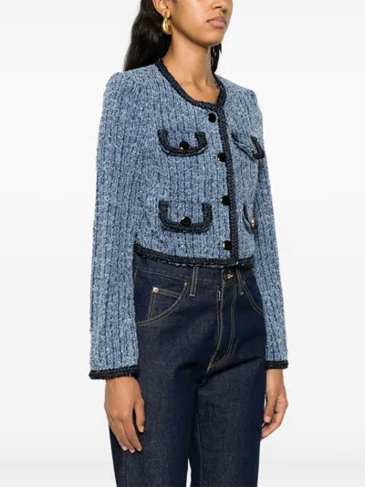 Shop Self-portrait Self Portrait Cotton Cropped Jacket In Blue