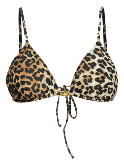 Shop Ganni Leopard Print Triangle Bikini Top In Brown