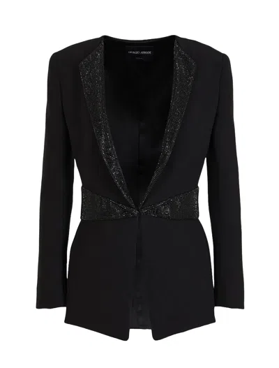 Giorgio Armani Luxe Silk Blazer Embellished Waistband In Black