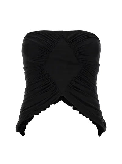 Saint Laurent Cupro Strapless Top With Ruched Asymmetric Hem In Black