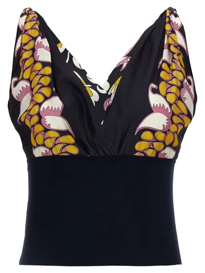 Tory Burch Silk Floral V-neck Sleeveless Top In Black