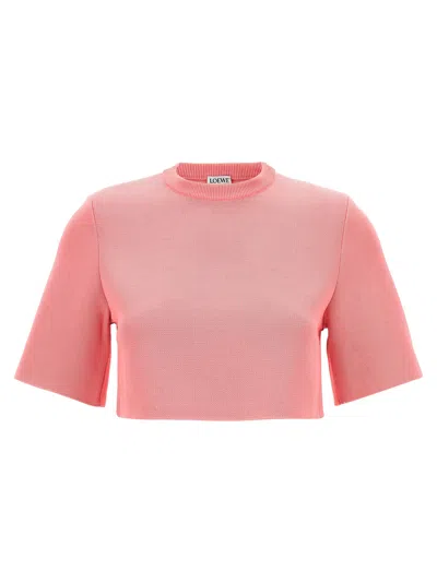 Loewe Cropped Knitted Crew-neck Sweater In Pink
